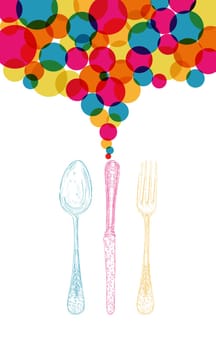 Vintage colorful hand drawn silverware icons bubble splash illustration. Vector file layered for easy manipulation and custom coloring.