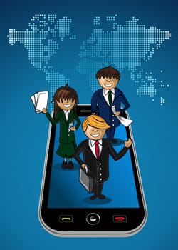 Smart phone global map business application people teamwork cartoon people. Vector file layered for easy personalization.