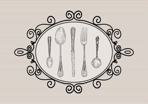 Vintage hand drawn silverware icons old frame illustration. Vector file layered for easy manipulation and custom coloring.