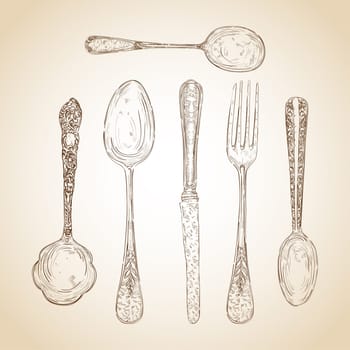 Retro transparent silverware icons sketch style illustration. Vector file layered for easy editing.