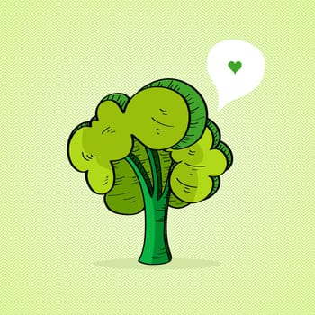 Sketch style green tree, love social media bubble. Vector file layered for easy editing