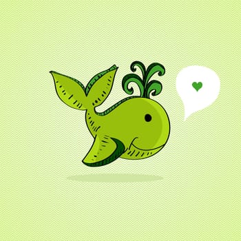 Hand drawn green whale, love social media bubble. Vector file layered for easy editing