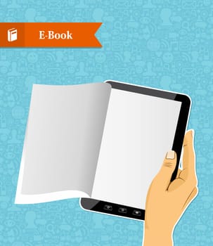 Human hand holds a digital book illustration. Vector file layered for easy manipulation and custom coloring.