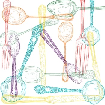 Vintage colorful transparent silverware items hand drawn illustration. Vector file layered for easy manipulation and custom coloring..