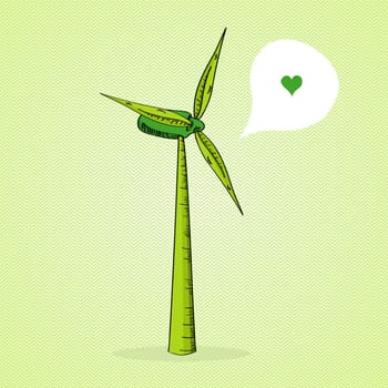 Sketch stile Wind Turbine, love social media bubble. Vector file layered for easy editing