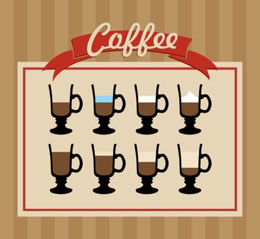 Vintage coffee label variety cups illustration. Vector file layered for easy manipulation and custom coloring.