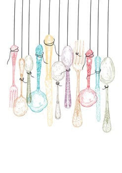 Colorful vintage hand drawn hanging cutlery illustration. Vector file layered for easy manipulation and custom coloring.