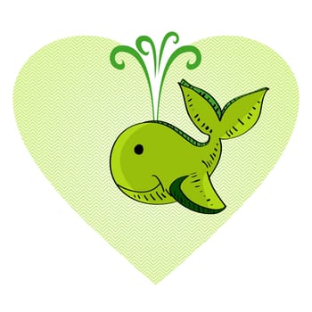 Hand drawn green whale heart shape illustration. Vector file layered for easy editing.