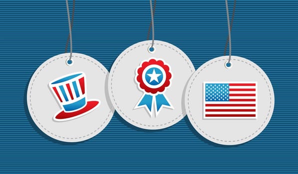 USA icons hang tags hat ribbon flag illustration set. Vector file layered for easy manipulation and custom coloring.