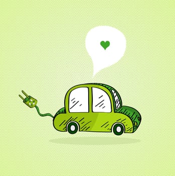 Sketch style green electric car, love social media bubble. Vector file layered for easy editing