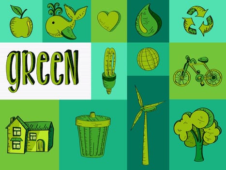 Sketch style green renewable resources symbols illustration. Vector file layered for easy editing.