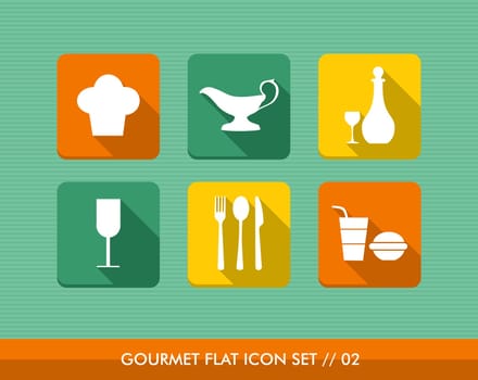 Colorful gourmet restaurant food flat icon set, web app online menu order reservation. Vector file layered for easy editing.