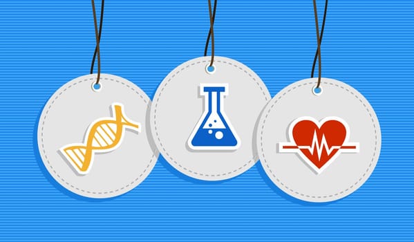 Health care hang tags dna chemistry bottle heart beat illustration set. Vector file layered for easy manipulation and custom coloring.