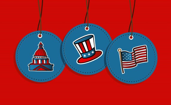 USA patriotic icons flag, congress, hat hang tags illustration set. Vector file layered for easy manipulation and custom coloring.