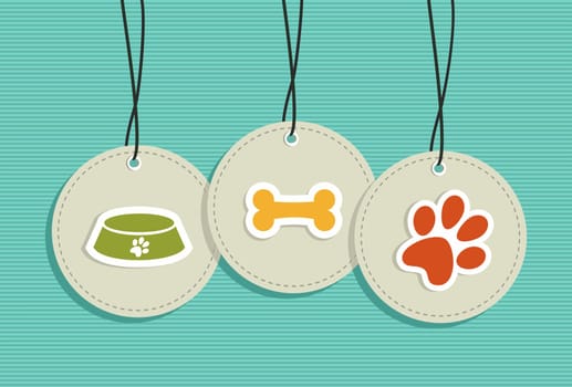 Animal pets hang tags food plate bone paw illustration set. Vector file layered for easy manipulation and custom coloring.