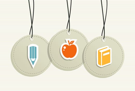 Back to school hang tags, pencil apple book illustration set. Vector file layered for easy manipulation and custom coloring..