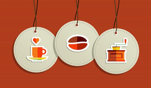 Coffee flat icons hag tags illustration set. Vector file layered for easy manipulation and custom coloring.