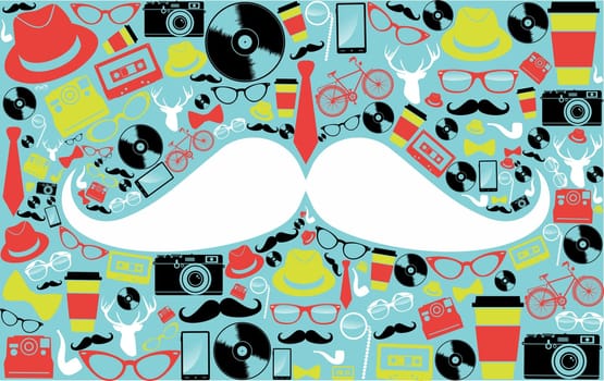Colorful vintage hipsters icons mustache shape illustration. Vector file layered for easy manipulation and custom coloring.