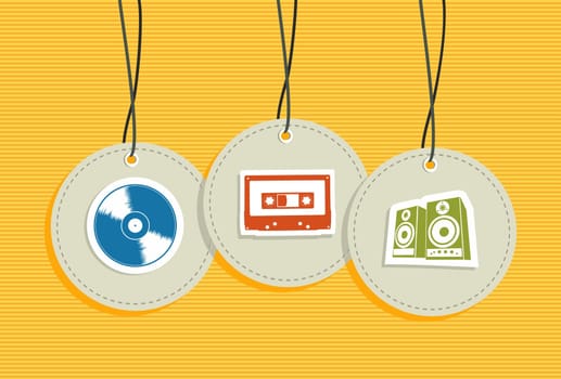 Hipster Music hang tags illustration set. Vector file layered for easy manipulation and custom coloring.