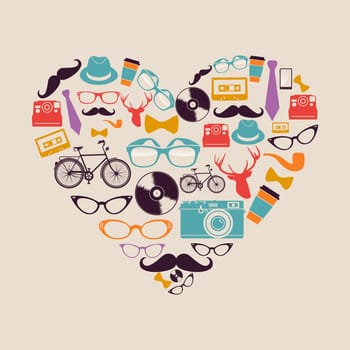 Retro hipsters icons heart shape illustration. Vector file layered for easy manipulation and custom coloring.
