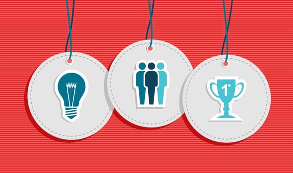 Work group hang tags idea light bulb team trophy illustration set. Vector file layered for easy manipulation and custom coloring..