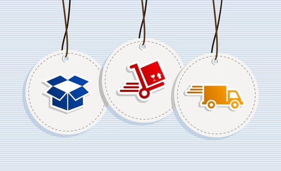 Delivery hang tags box cart truck illustration set. Vector file layered for easy manipulation and custom coloring.