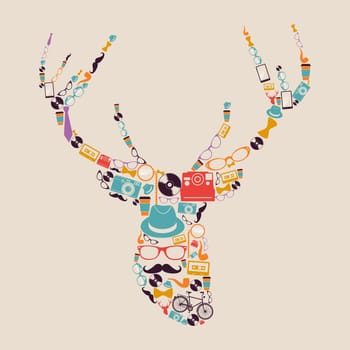 Vintage fashion hipsters icons reindeer shape illustration. Vector file layered for easy manipulation and custom coloring.