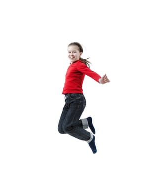 Happy baby girl jumping on a white background