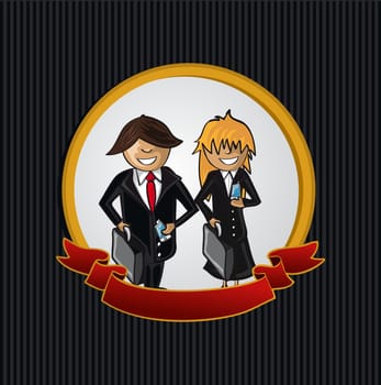 Service telemarketer man and woman cartoon label icon. Vector file layered for easy personalization.