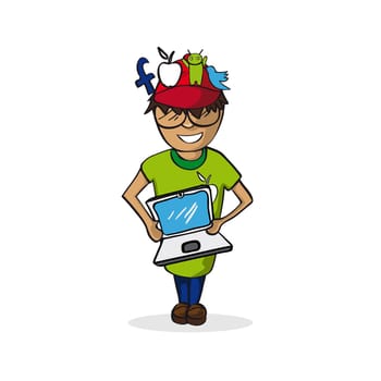 Profession career, social media manager man, work success illustration. Vector file layered for easy personalization.