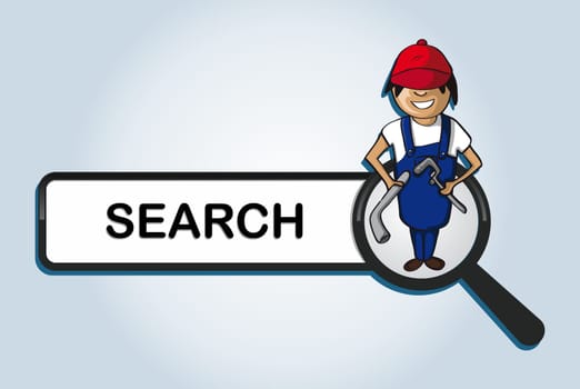 Service online search icon plumber man cartoon. Vector file layered for easy personalization.