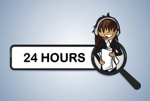 24 hours online search service telemarketer woman cartoon. Vector file layered for easy personalization.