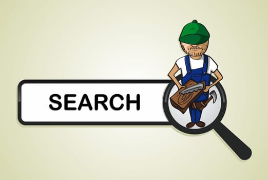 Service online search icon wood worker man cartoon. Vector file layered for easy personalization.