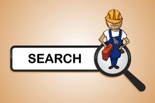Service online search icon construction worker man cartoon. Vector file layered for easy personalization.