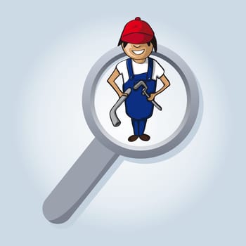 Service online search icon plumber man cartoon. Vector file layered for easy personalization.