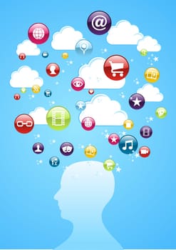Cloud computing human head glossy app icons illustration. Vector file layered for easy manipulation and custom coloring.