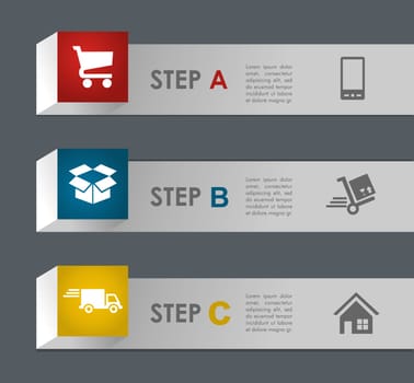 E commerce info graphic icons steps illustration. Vector file layered for easy manipulation and custom coloring.