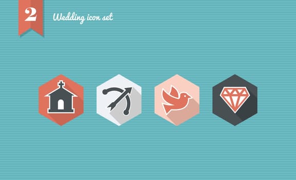 Wedding flat icon set, web app celebration planning ceremony reservation. Vector file layered for easy editing.