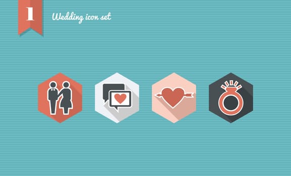 Wedding flat icon set, ceremony details celebration planning online app. Vector file layered for easy editing.