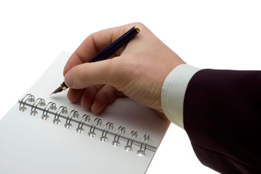 business men writing with pencil on white