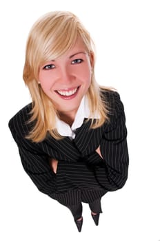 young blond business woman looking up on white