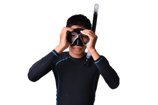 man with snorkeling equipment isolated on white background