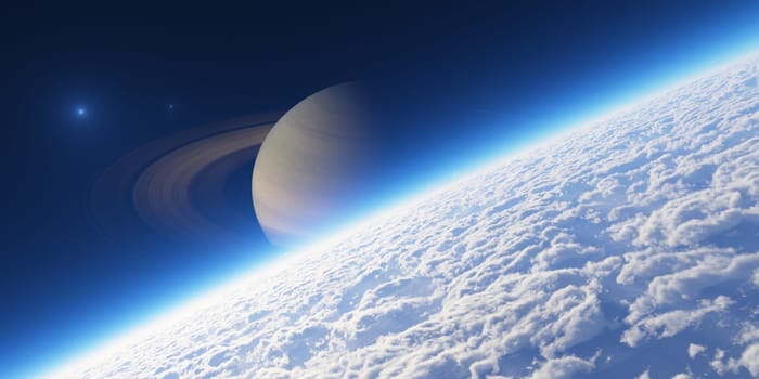 Planet with rings at sunrise. Elements of this image furnished by NASA.