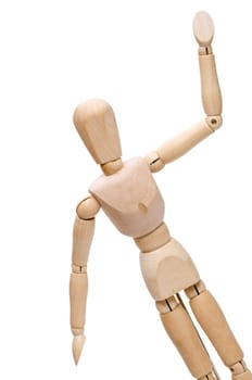 Cut-out wooden figure raises his arm in greeting