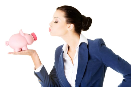 Happy excited success business woman with her savings, isolated