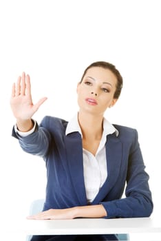 Young beautiful businesswoman making choose on abstract screen