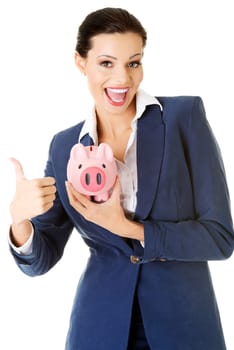 Happy excited success business woman with her savings, isolated