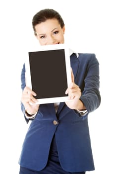 Business woman showing tablet PC with touch pad. Isolated on white