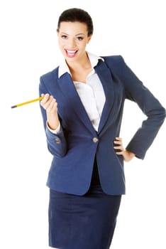 Attractive happy businesswoman with pen, isolated on white