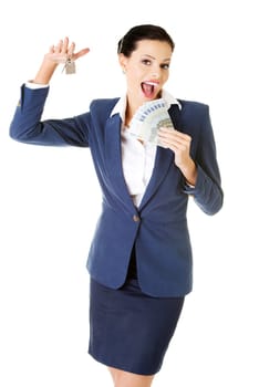 Beautiful young woman holding euro and house keys over white - real estate loan concept